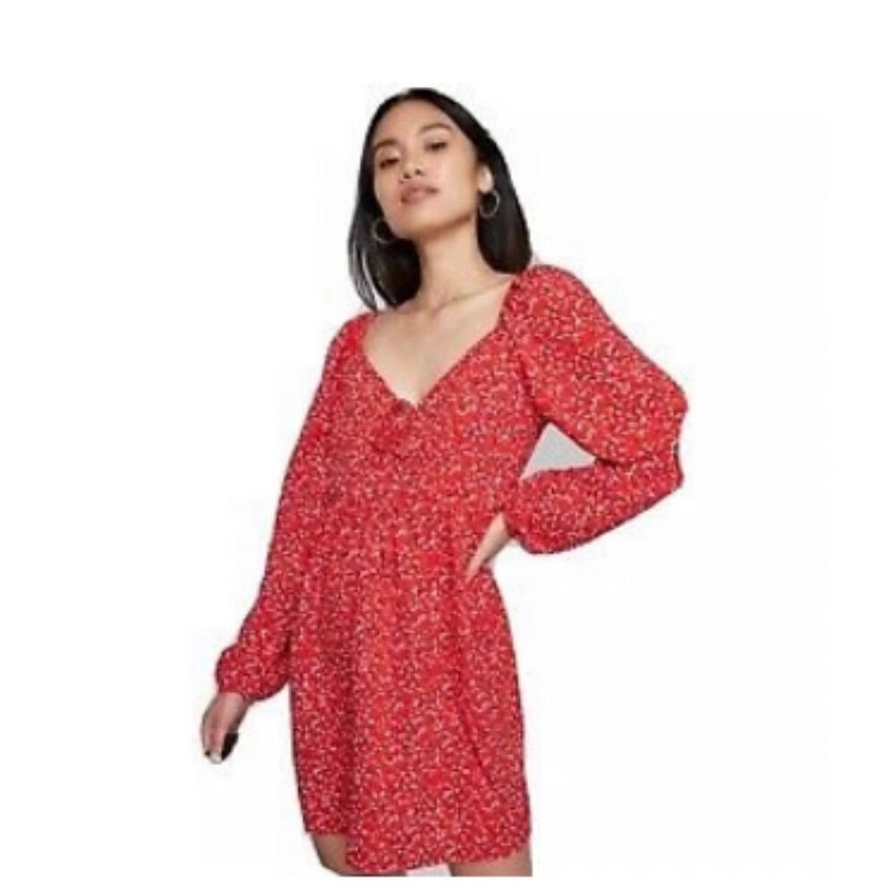 🌸Wild Fable Red and White Floral Long Sleeve Tie Front Peasant Dress Size Small